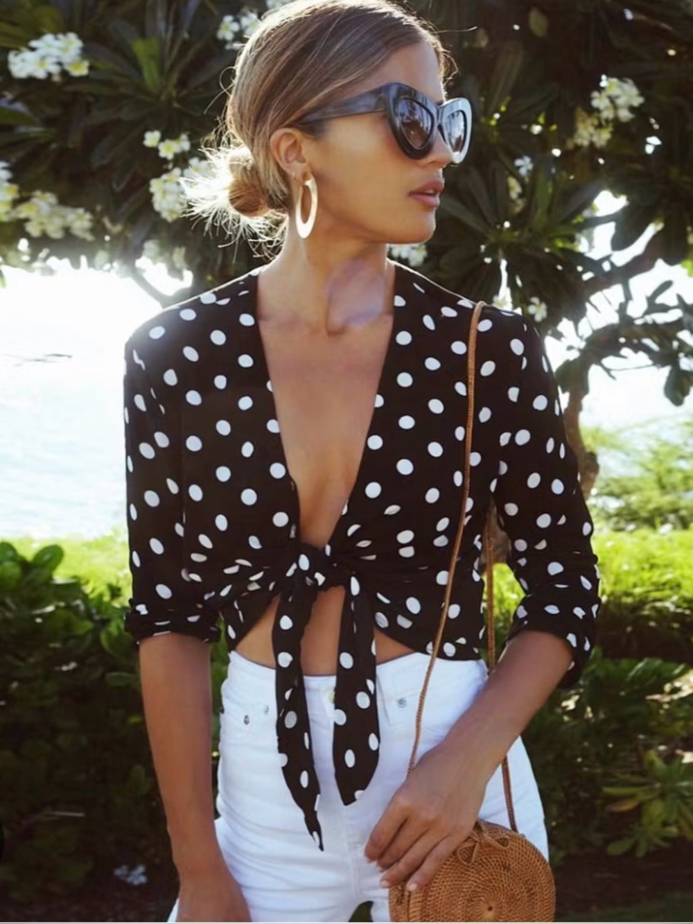 PrettyLittleThing Cropped Black Polka Dot Tie-Front Top